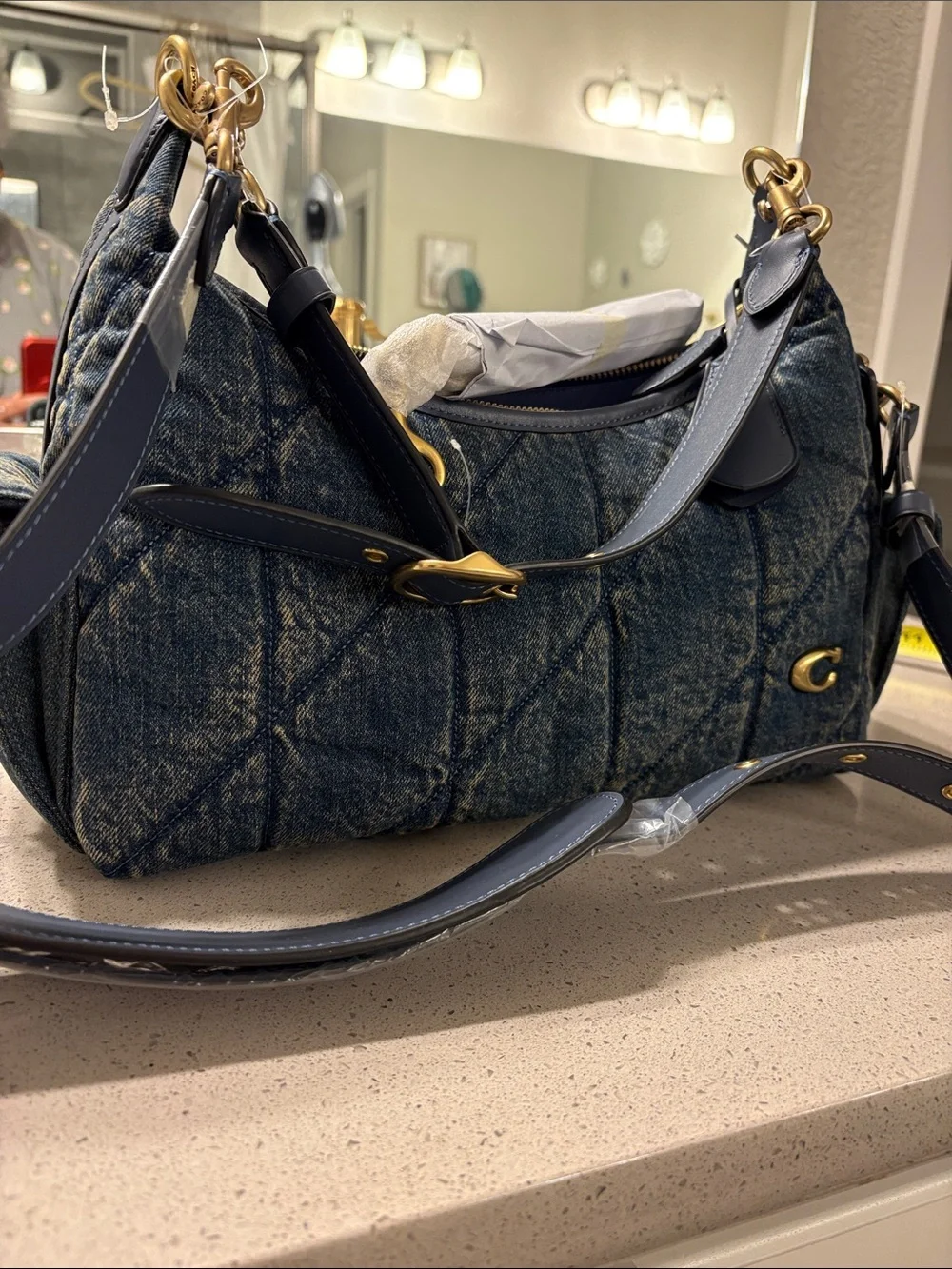 Coach Quilted Denim Shoulder Bag with Gold Hardware